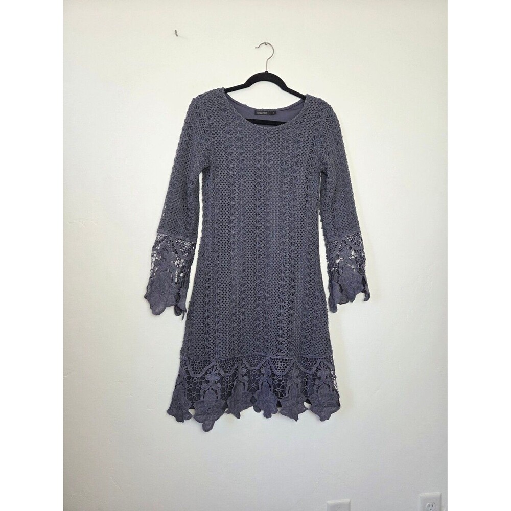 Mikarose Dusty Blue Lace Midi Dress Cottagecore Crochet Knit Boho Fairy Grunge S
